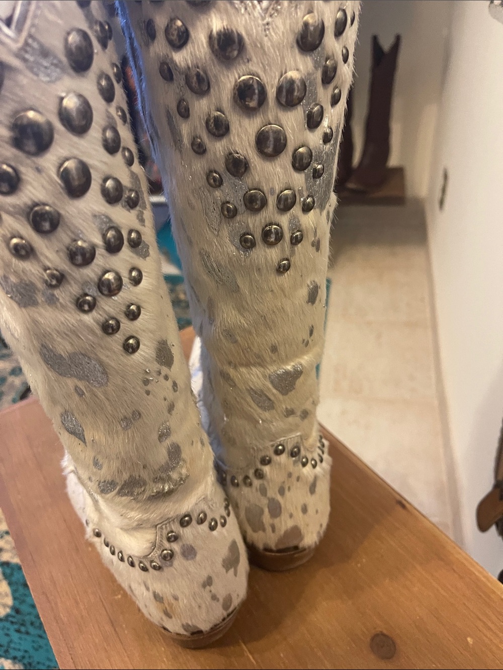 Lane Winter White Wild Hair Studded Lace-Up Cowgirl Boots - Picture 5 of 13